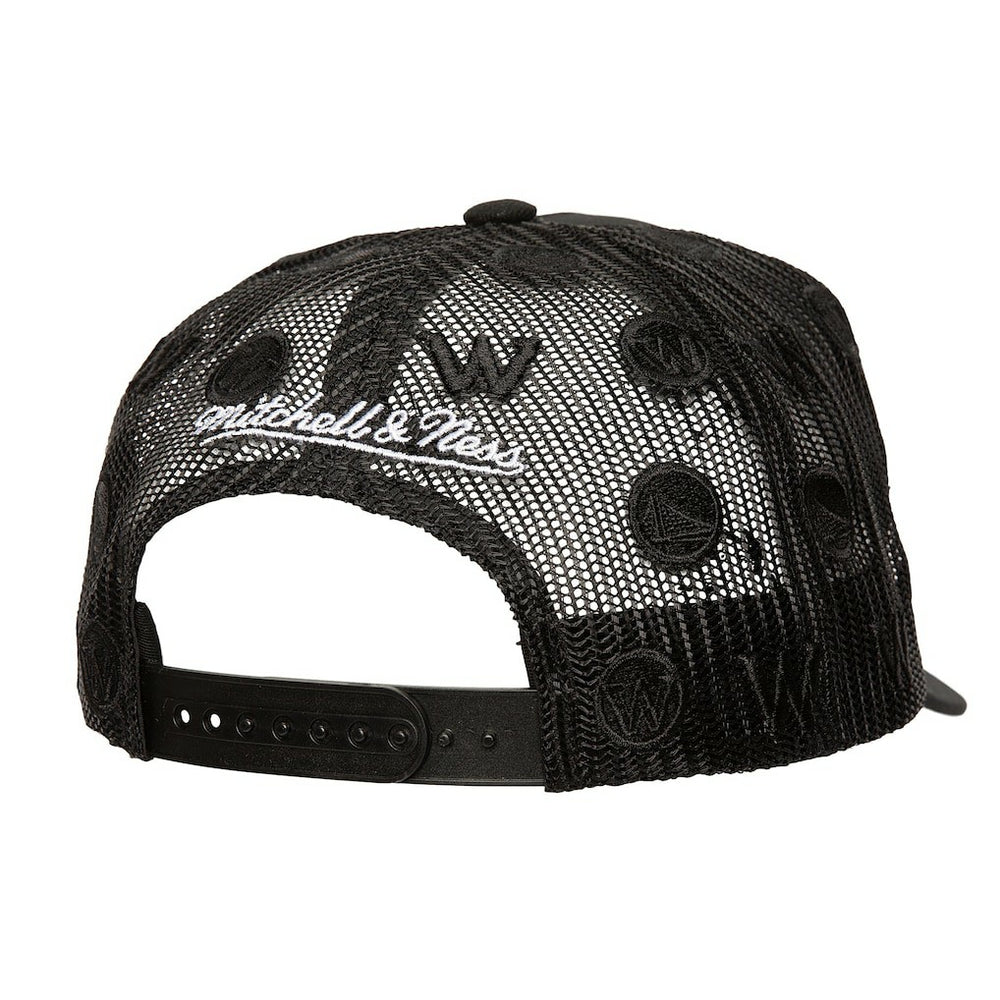 Golden State Warriors Monogram Allover Logo Mesh Trucker Adjustable Hat for sale Black | Mitchell & Ness Near Me