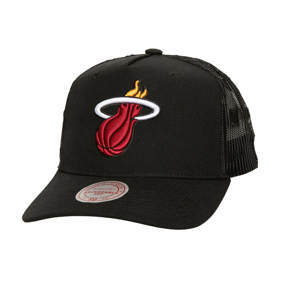 Miami Heat Monogram Allover Logo Mesh Trucker Adjustable Hat Black | Mitchell & Ness Lifestyle