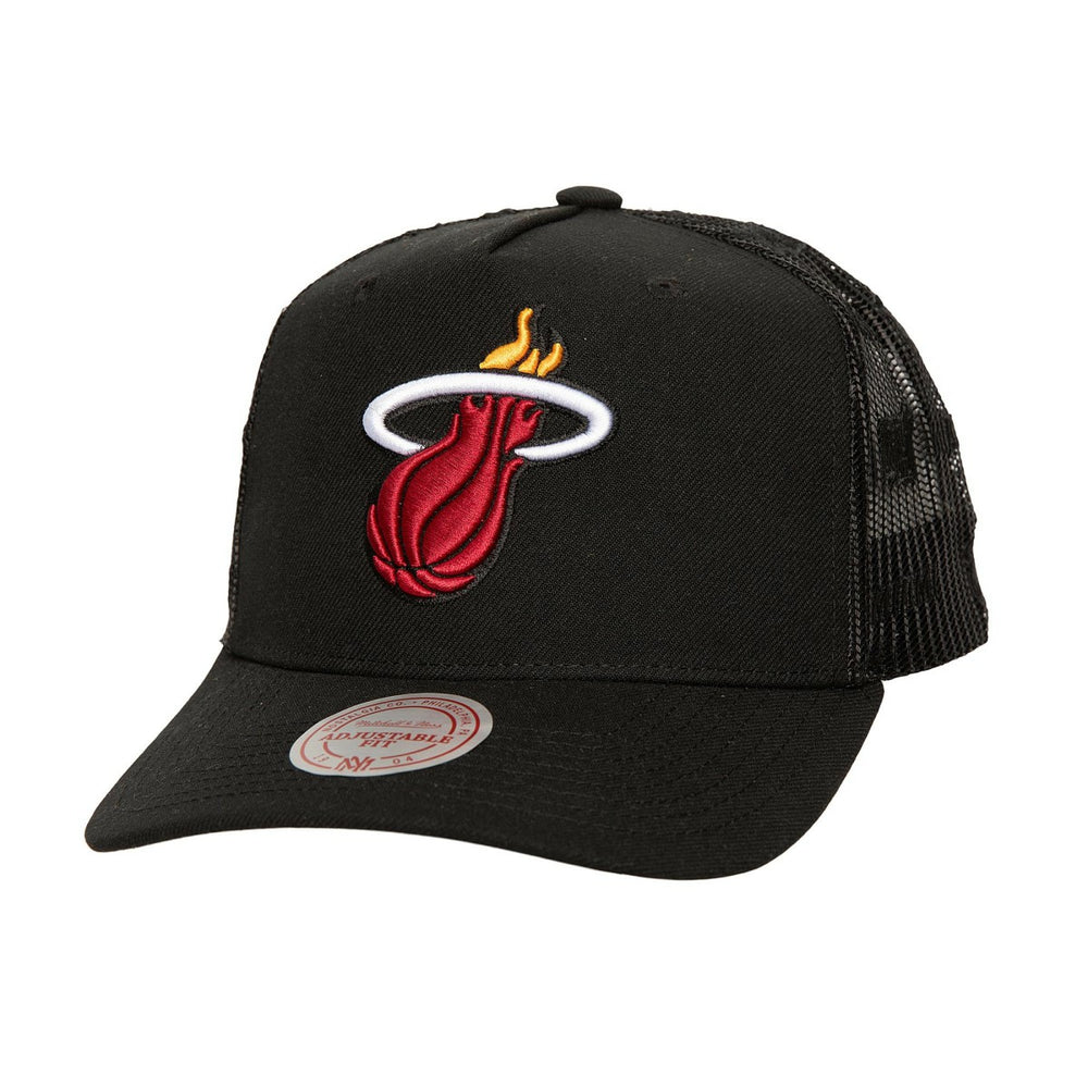 Miami Heat Monogram Allover Logo Mesh Trucker Adjustable Hat Black | Mitchell & Ness Lifestyle