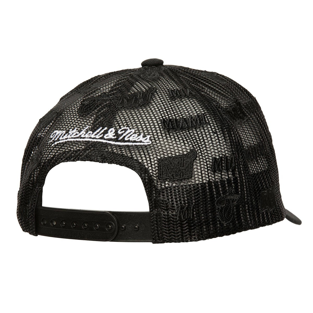 Miami Heat Monogram Allover Logo Mesh Trucker Adjustable Hat Black | Mitchell & Ness Lifestyle