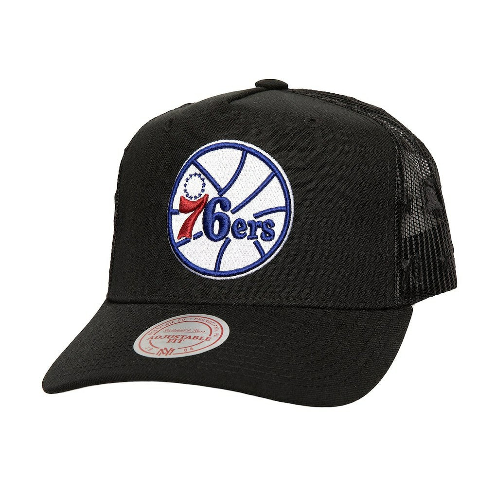 Philadelphia 76ers Monogram Allover Logo Mesh Trucker Adjustable Hat Black | Mitchell & Ness outlet