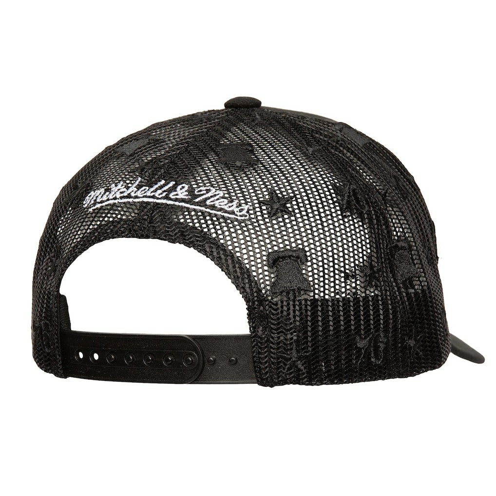 Philadelphia 76ers Monogram Allover Logo Mesh Trucker Adjustable Hat Black | Mitchell & Ness outlet