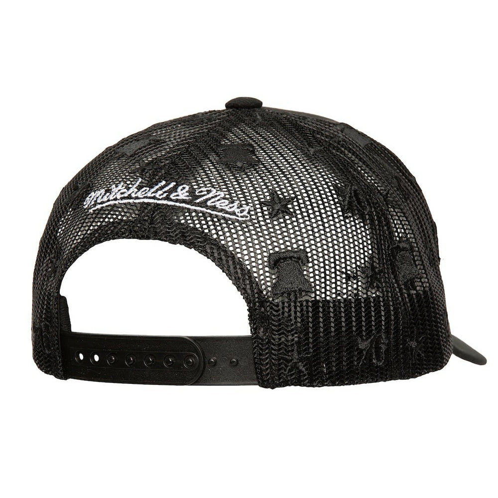 Philadelphia 76ers Monogram Allover Logo Mesh Trucker Adjustable Hat Black | Mitchell & Ness outlet