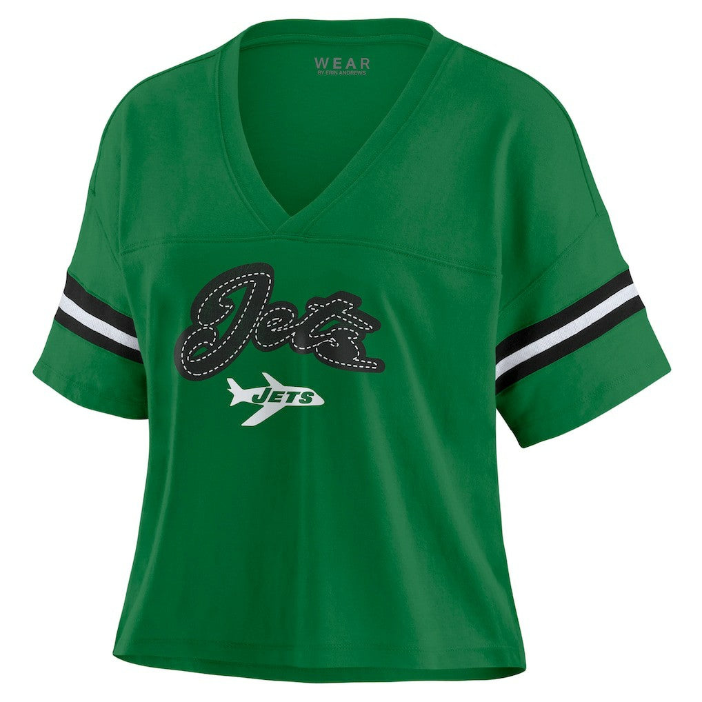 New York Jets WEAR by Erin Andrews Women's Color Block Boxy V-Neck T-Shirt Kelly Green