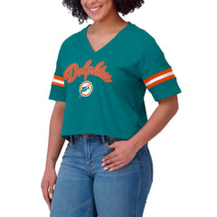 Miami Dolphins WEAR by Erin Andrews Women's Plus Size Color Block Boxy V-Neck T-Shirt Aqua
