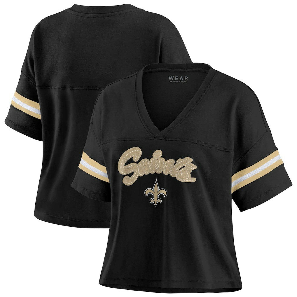 New Orleans Saints WEAR by Erin Andrews Women's Plus Size Color Block Boxy V-Neck T-Shirt Black