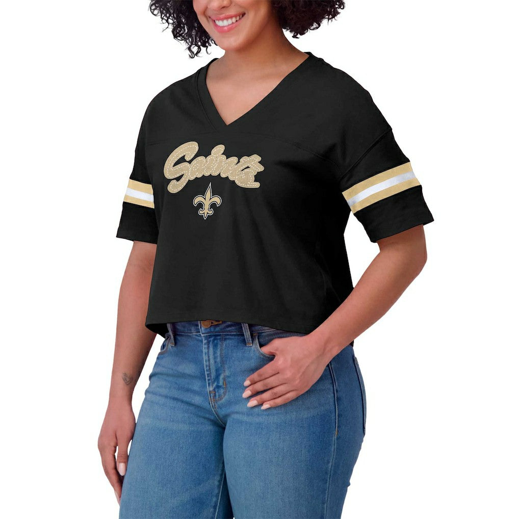 New Orleans Saints WEAR by Erin Andrews Women's Plus Size Color Block Boxy V-Neck T-Shirt Black