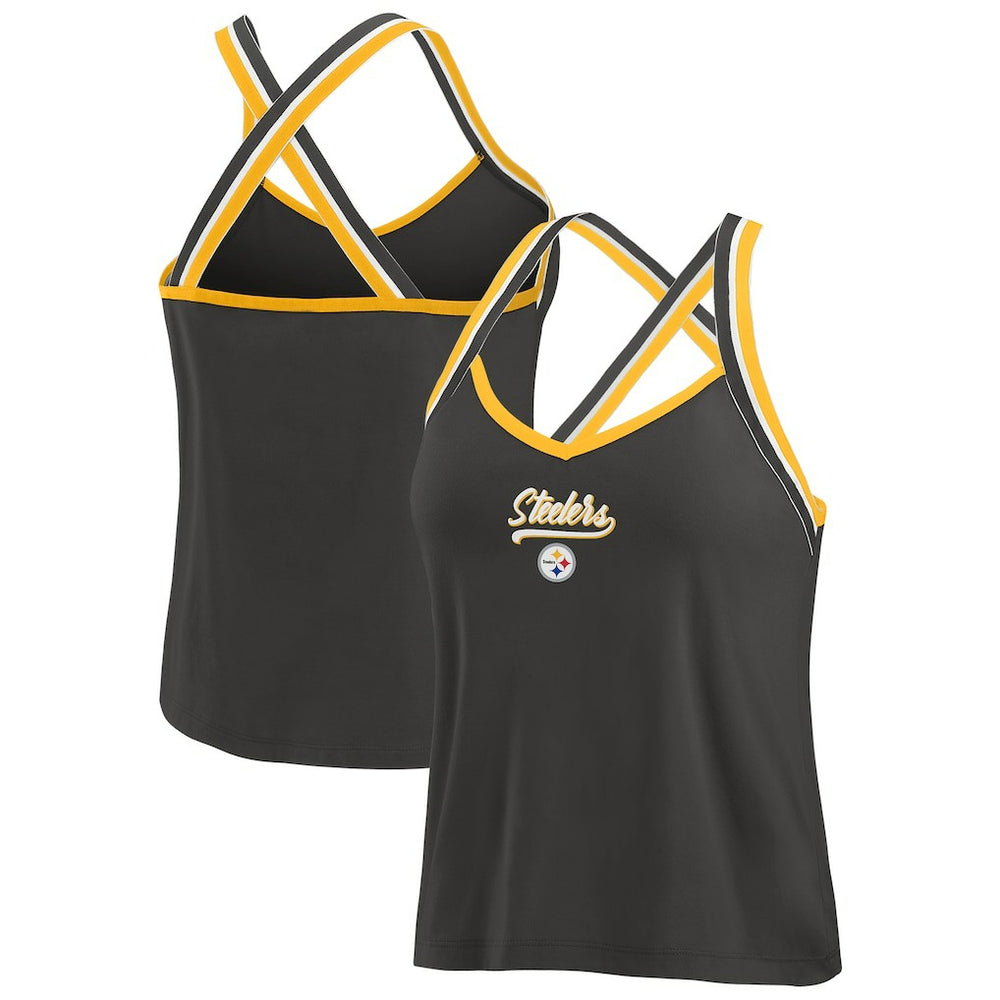 Pittsburgh Steelers WEAR by Erin Andrews Women's Cross Strap Tri-Blend Tank Top Black