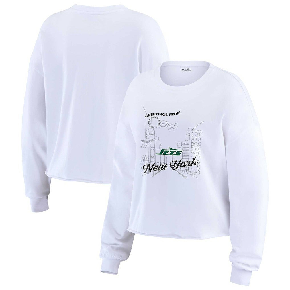 New York Jets WEAR by Erin Andrews Women's Postcard Cropped Long Sleeve Top White