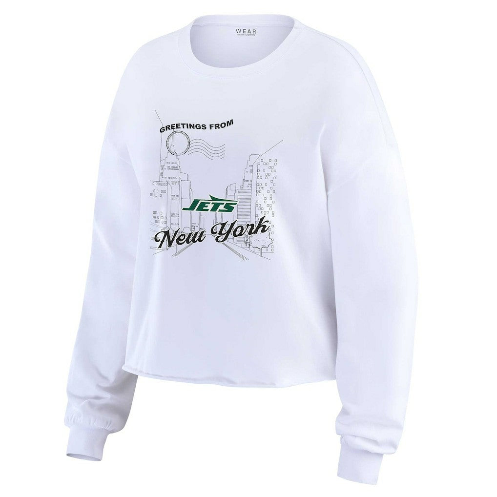 New York Jets WEAR by Erin Andrews Women's Postcard Cropped Long Sleeve Top White