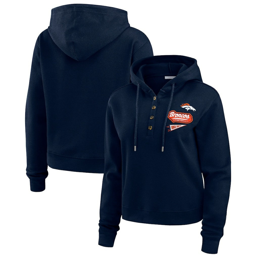 Denver Broncos WEAR by Erin Andrews Women's Waffle-Knit Pullover Hoodie Navy