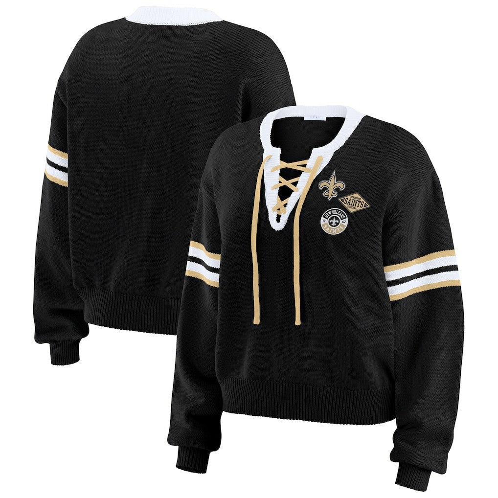 New Orleans Saints WEAR by Erin Andrews Women's Lace-Up Sweater Black
