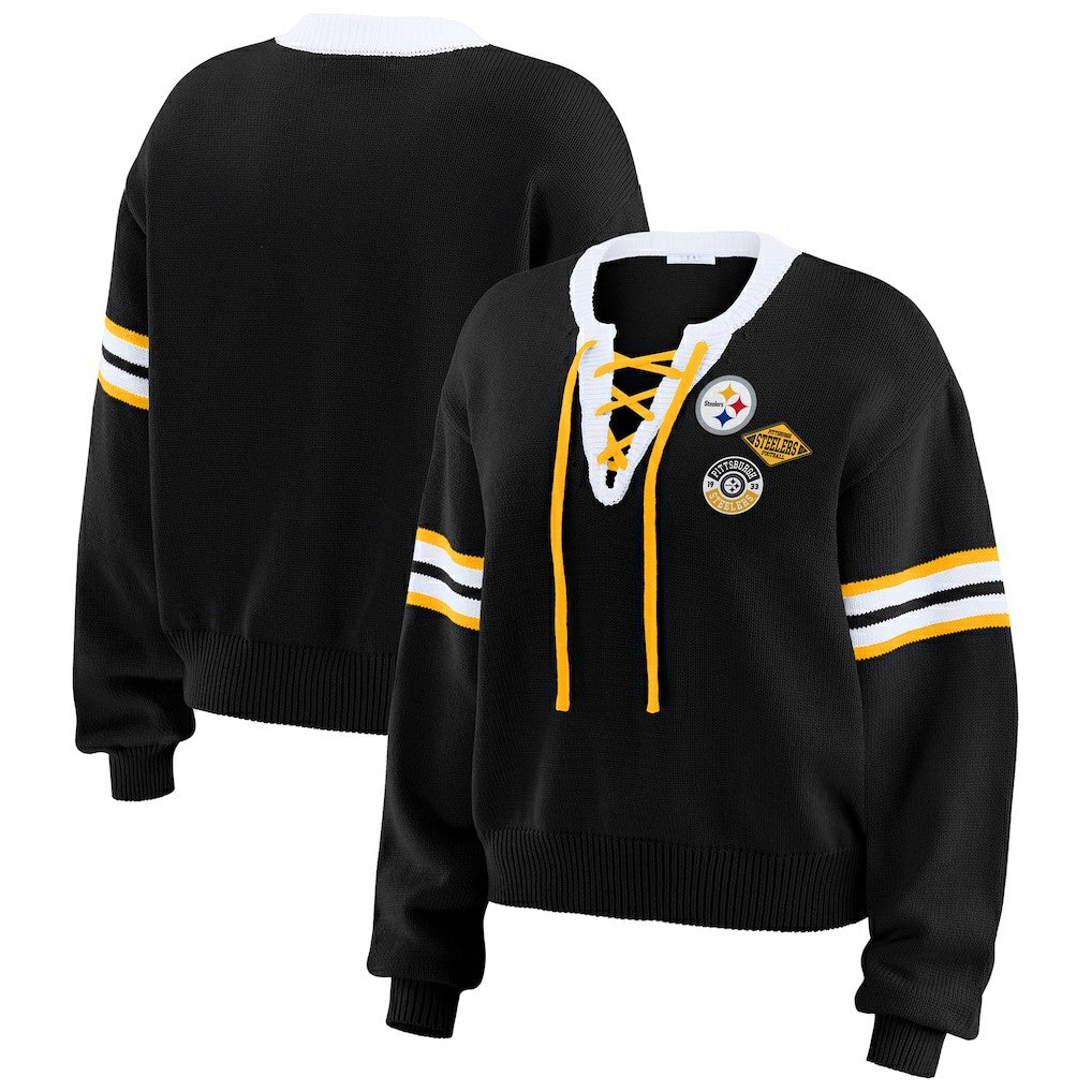 Pittsburgh Steelers WEAR by Erin Andrews Women's Lace-Up Sweater Black