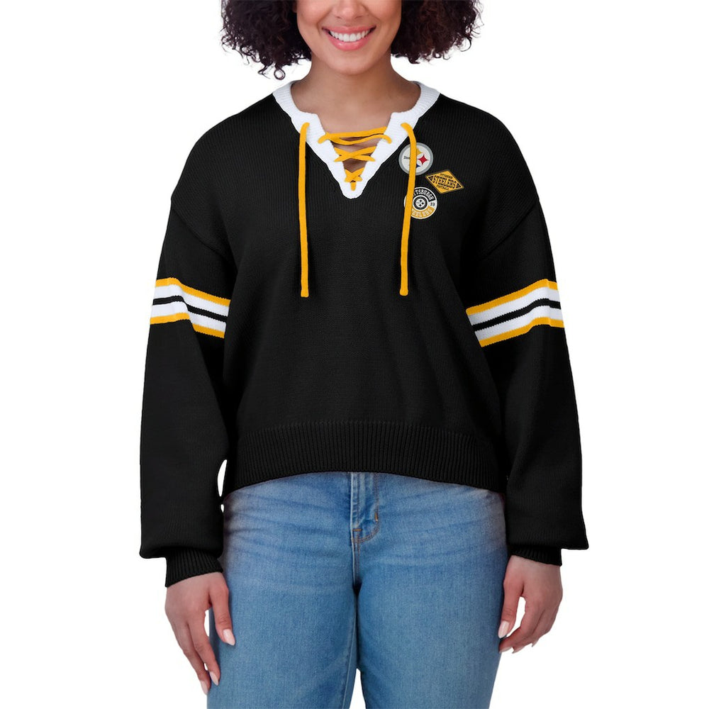 Pittsburgh Steelers WEAR by Erin Andrews Women's Lace-Up Sweater Black