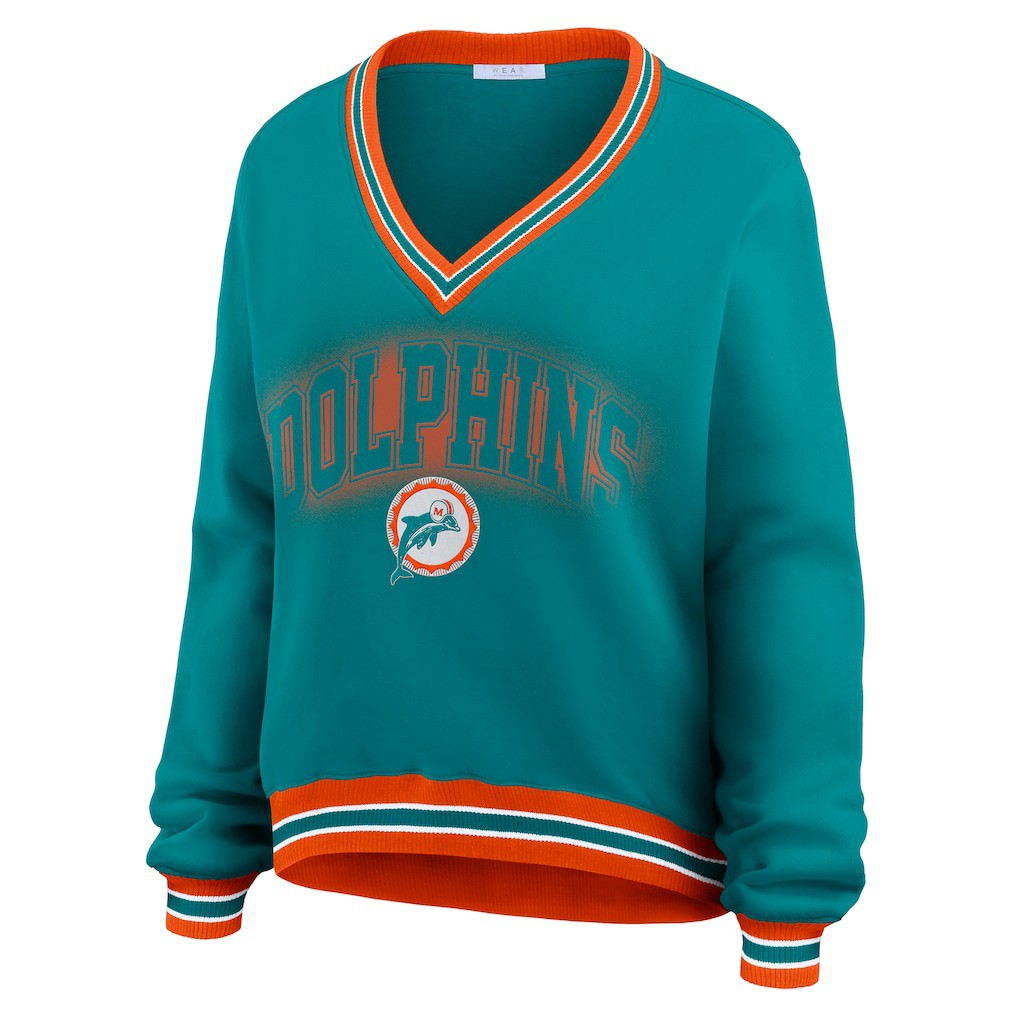 Miami Dolphins WEAR by Erin Andrews Women's Oversized Long Sleeve V-Neck Sweatshirt Aqua