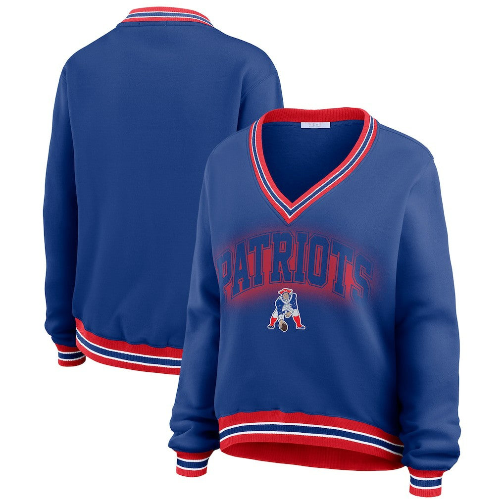 New England Patriots WEAR by Erin Andrews Women's Oversized Long Sleeve V-Neck Sweatshirt Navy