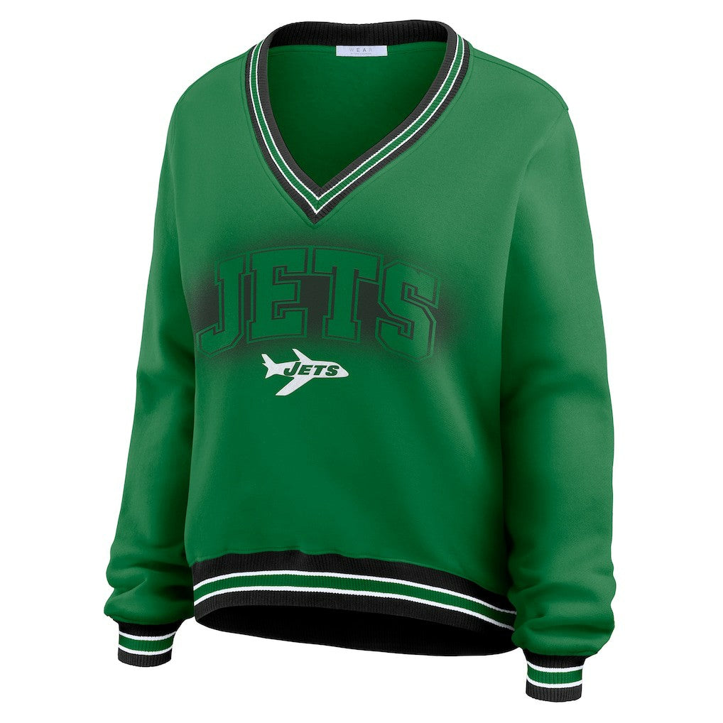 New York Jets WEAR by Erin Andrews Women's Oversized Long Sleeve V-Neck Sweatshirt Green