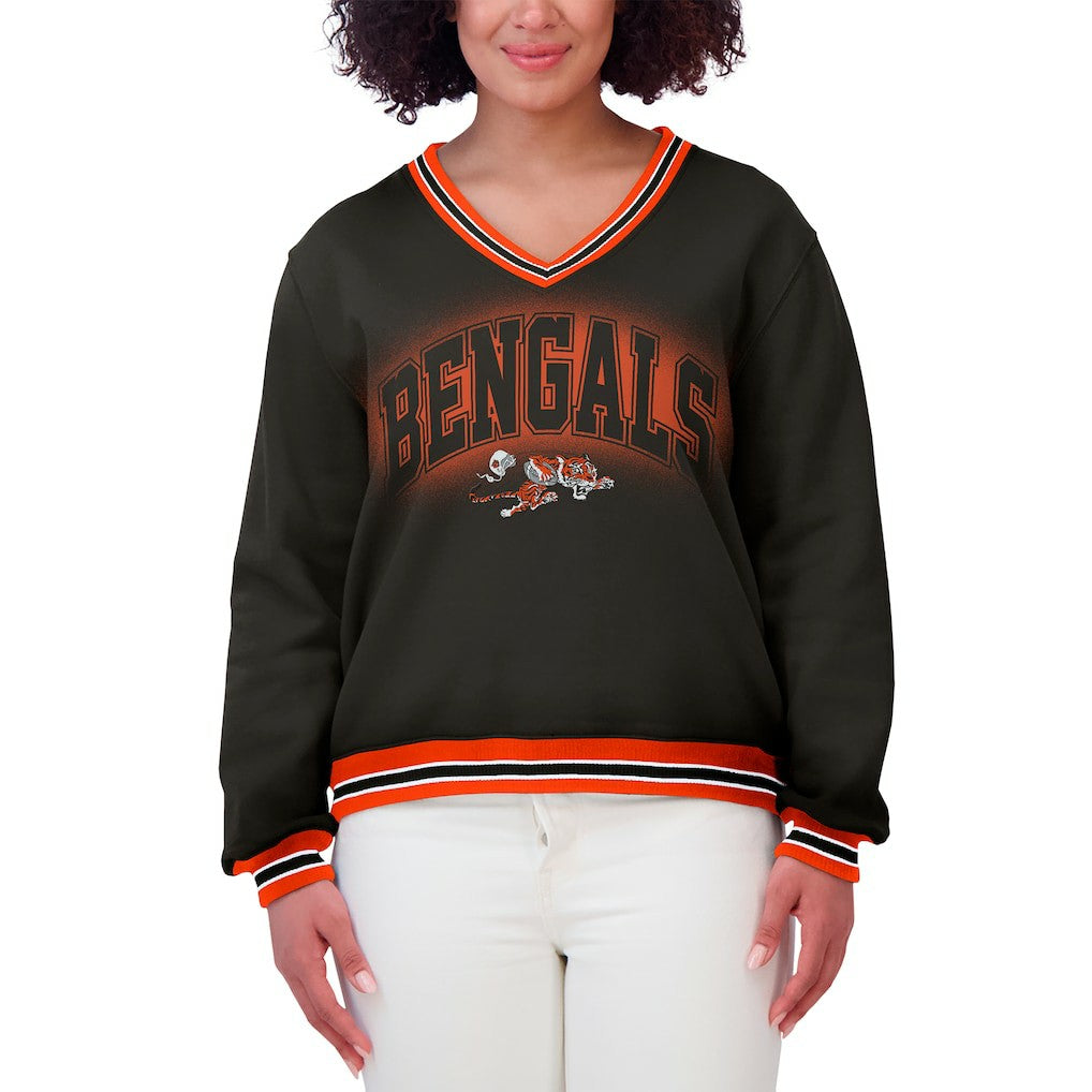 Cincinnati Bengals WEAR by Erin Andrews Women's Oversized Long Sleeve V-Neck Sweatshirt Black