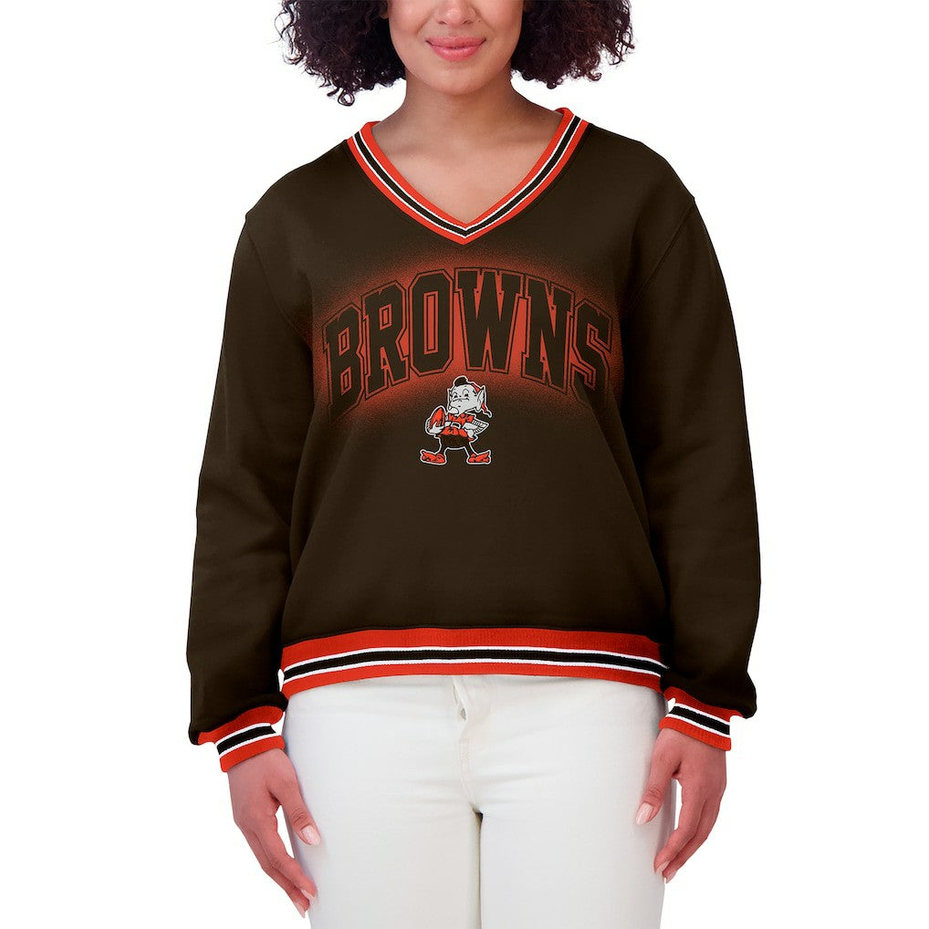 Cleveland Browns WEAR by Erin Andrews Women's Oversized Long Sleeve V-Neck Sweatshirt Brown