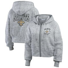 New Orleans Saints WEAR by Erin Andrews Women's Speckled Fleece Cropped Full-Zip Hoodie Heather Gray