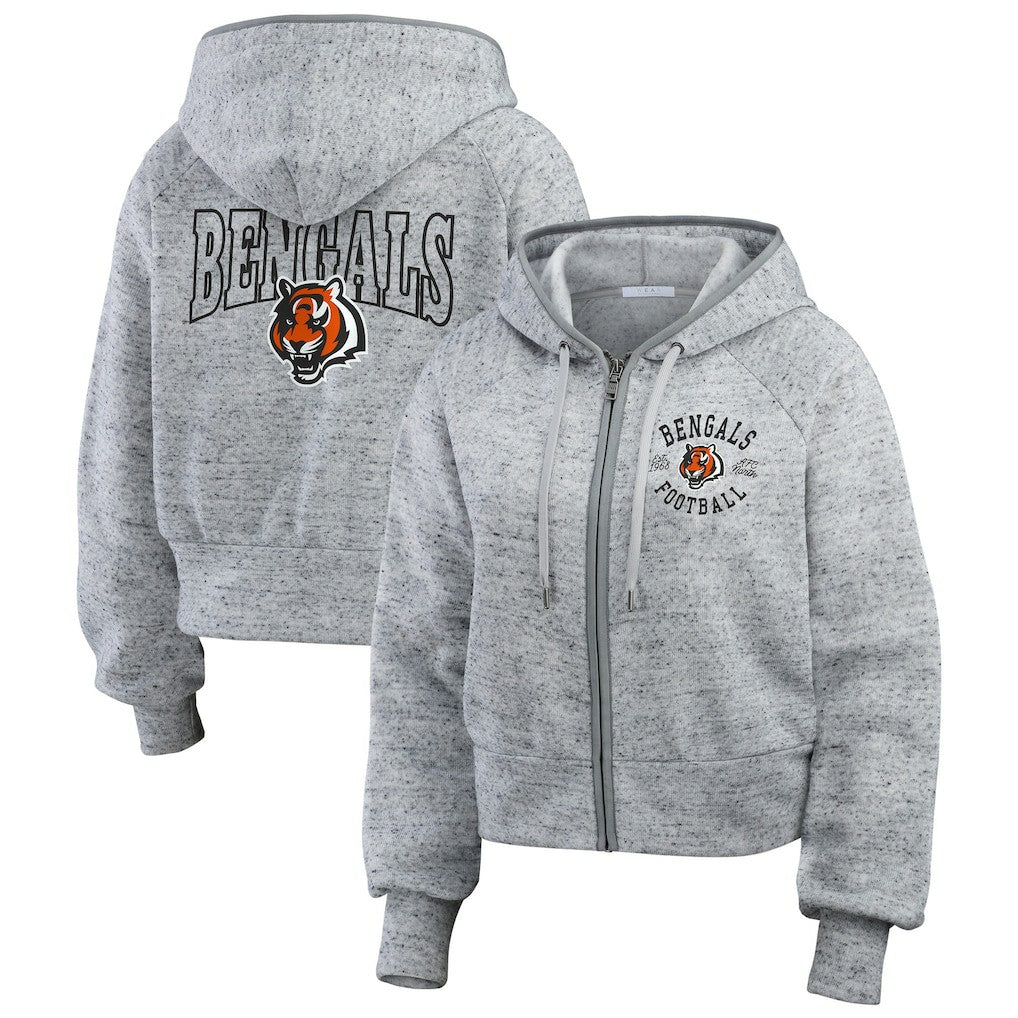 Cincinnati Bengals WEAR by Erin Andrews Women's Speckled Fleece Cropped Full-Zip Hoodie Heather Gray