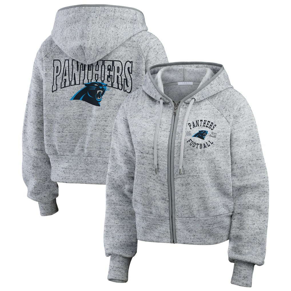 Carolina Panthers WEAR by Erin Andrews Women's Speckled Fleece Cropped Full-Zip Hoodie Heather Gray