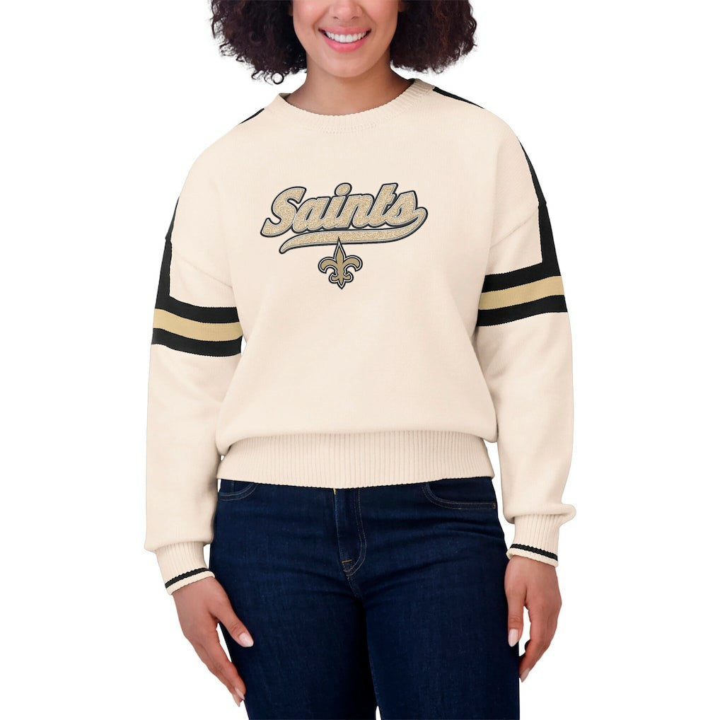 New Orleans Saints WEAR by Erin Andrews Women's Stripe Pullover Sweater Cream