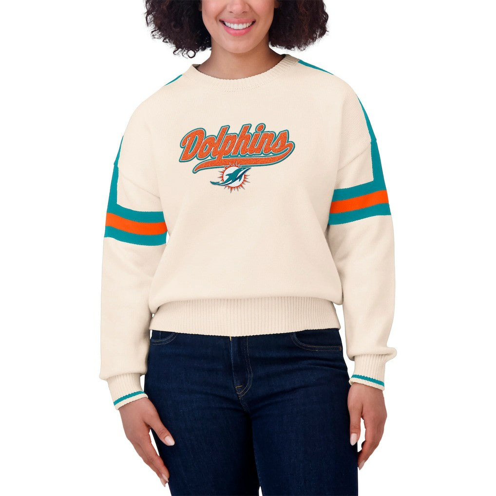 Miami Dolphins WEAR by Erin Andrews Women's Stripe Pullover Sweater Cream