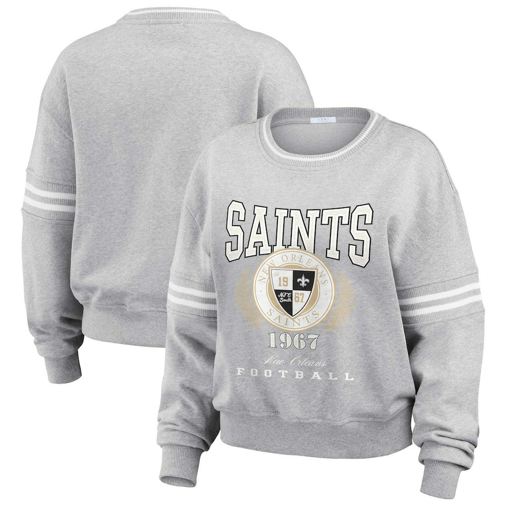 New Orleans Saints WEAR by Erin Andrews Women's Cropped Pullover Sweatshirt Heather Gray