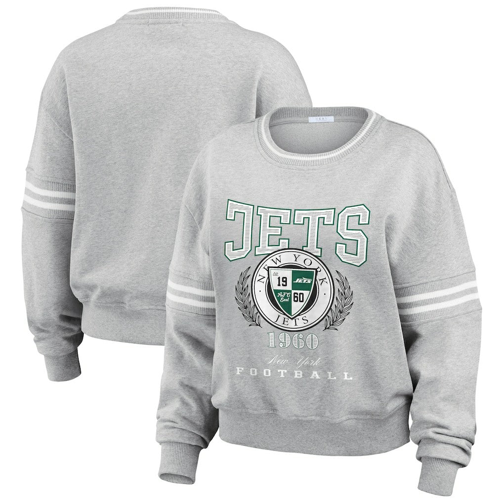 New York Jets WEAR by Erin Andrews Women's Crest Cropped Pullover Sweatshirt Heather Gray