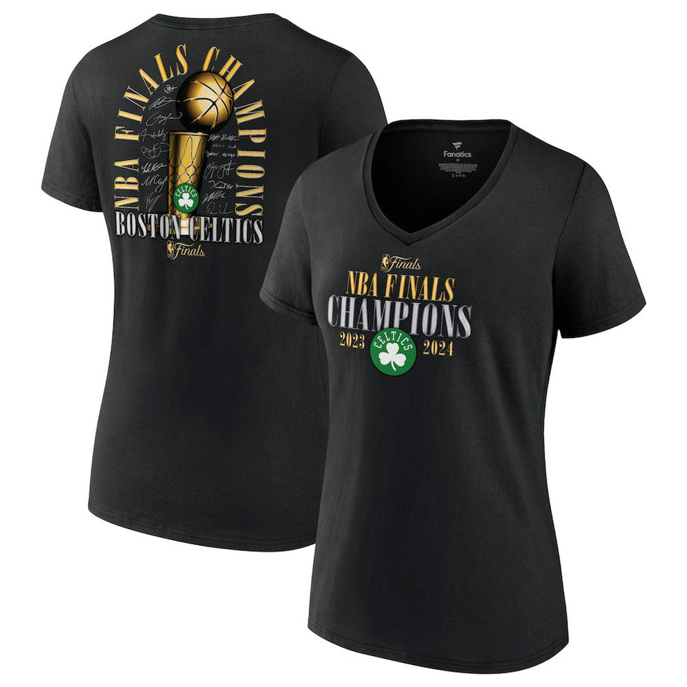 Boston Celtics Women's 2024 NBA Finals Champions Fade Away Jumper Roster Signature V-Neck T-Shirt Black | Fanatics