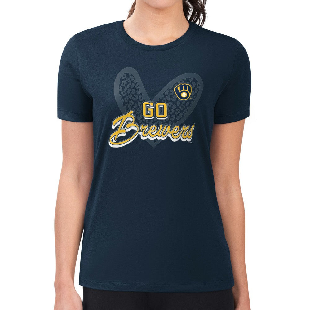 Milwaukee Brewers G-III 4Her by Carl Banks Women's Super-Slim Fit Lightweight Leopard Heart T-Shirt - Navy - MLB Lifestyle