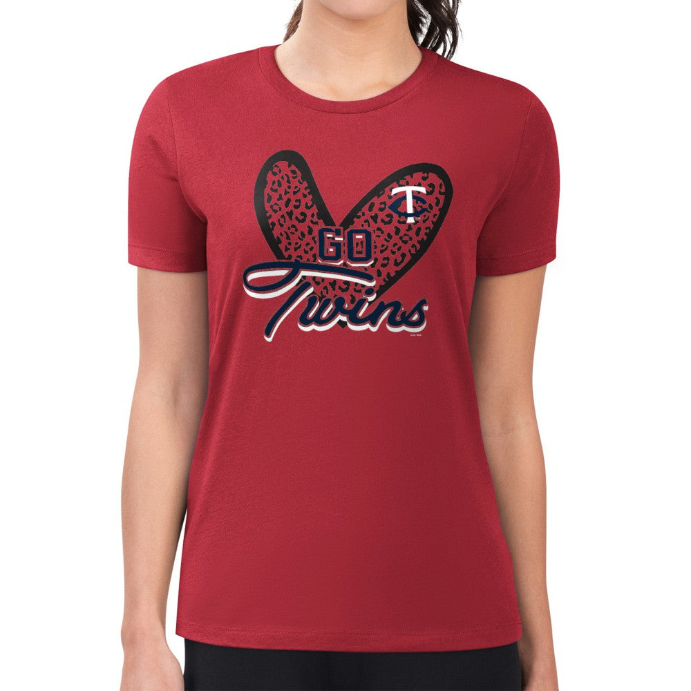 Minnesota Twins G-III 4Her by Carl Banks Women's Super-Slim Fit Lightweight Leopard Heart T-Shirt - Red - MLB Lifestyle