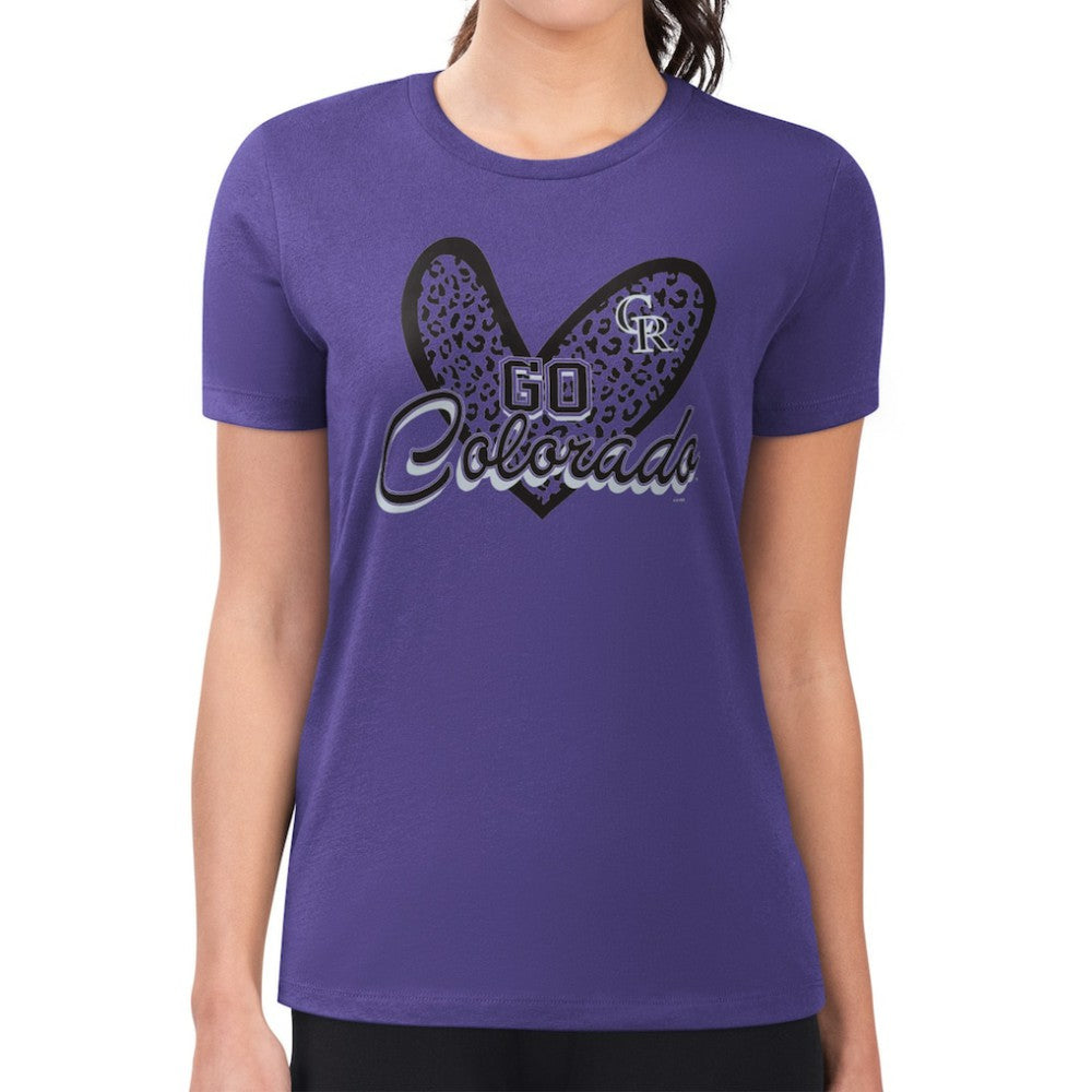 Colorado Rockies G-III 4Her by Carl Banks Women's Super-Slim Fit Lightweight Leopard Heart T-Shirt - Purple - MLB on Sale
