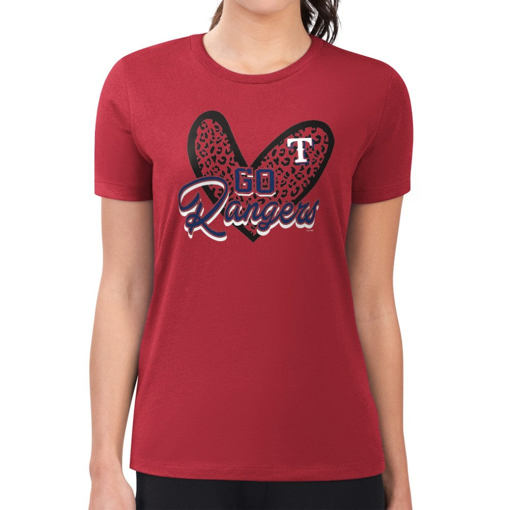 Texas Rangers G-III 4Her by Carl Banks Women's Super-Slim Fit Lightweight Leopard Heart T-Shirt - Red - MLB on Sale