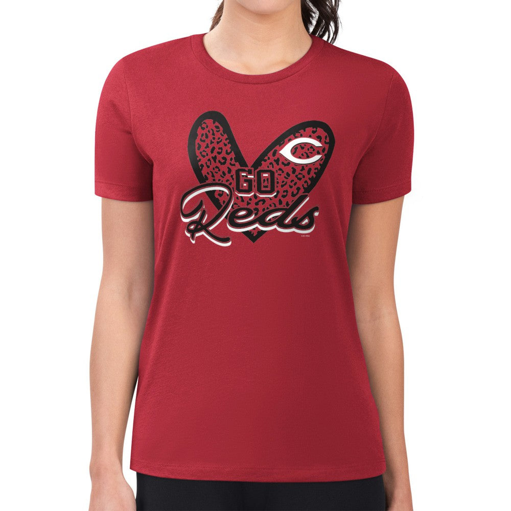 Cincinnati Reds G-III 4Her by Carl Banks Women's Super-Slim Fit Lightweight Leopard Heart T-Shirt - Red - MLB Discount