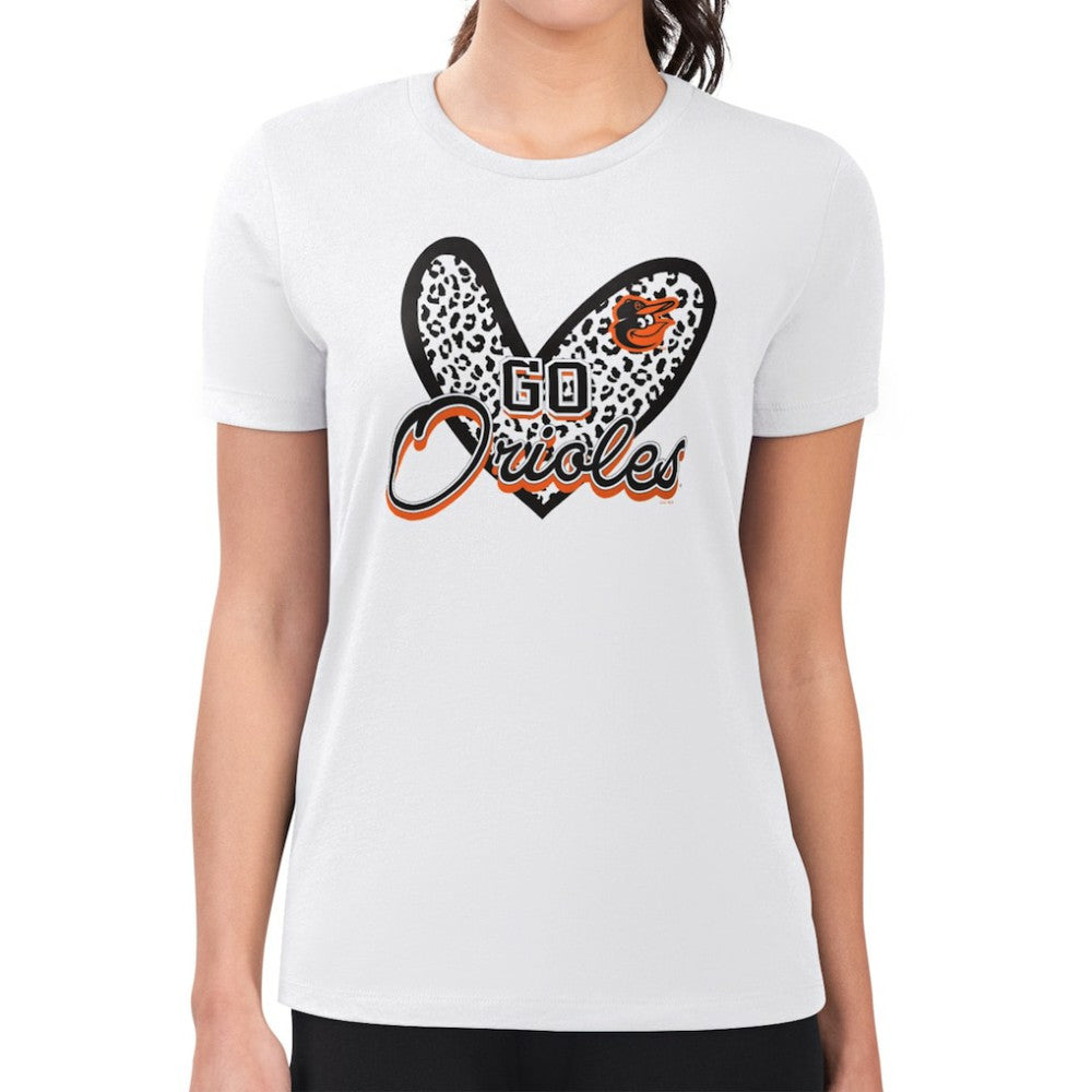 Baltimore Orioles G-III 4Her by Carl Banks Women's Super-Slim Fit Lightweight Leopard Heart T-Shirt - White - MLB Lifestyle