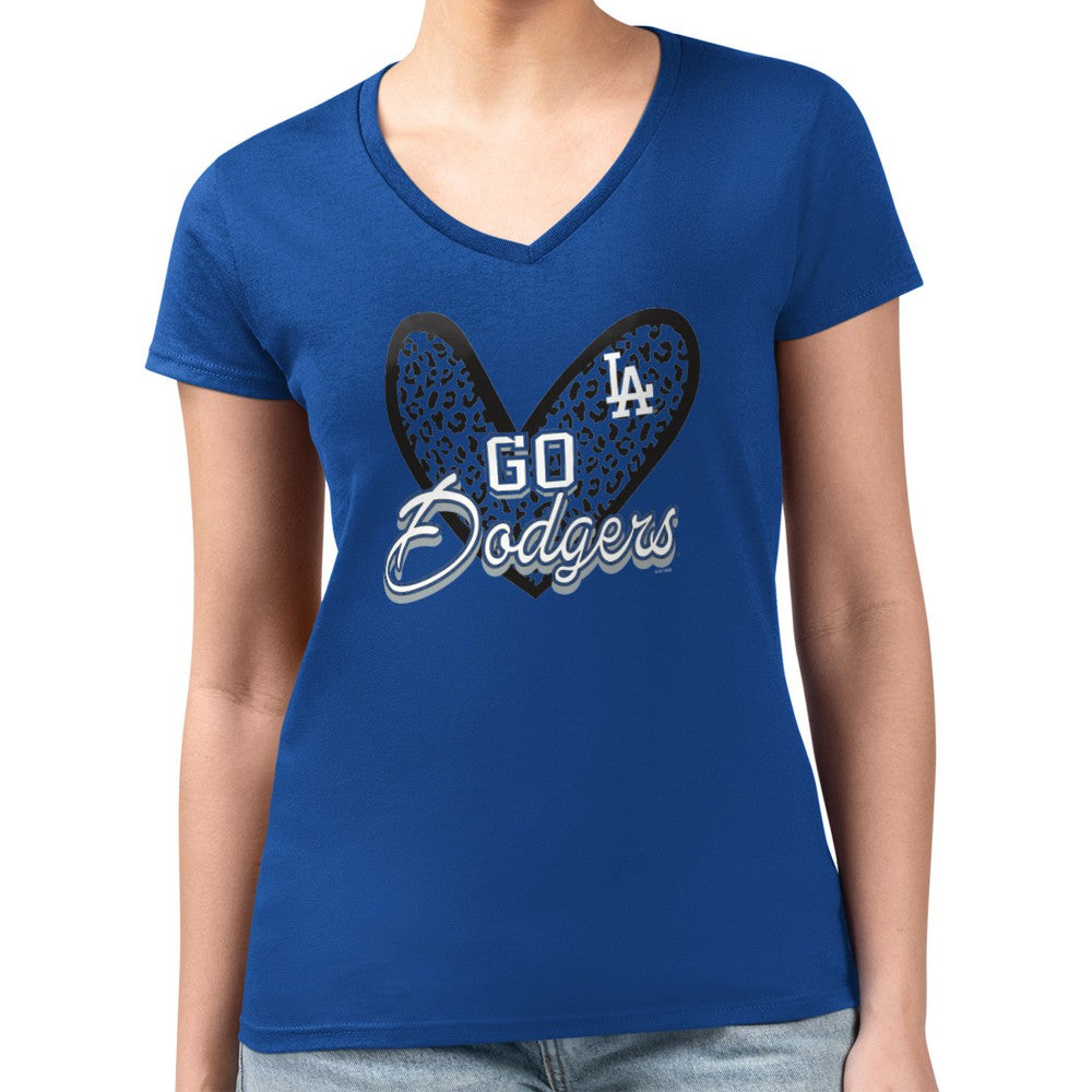 Los Angeles Dodgers G-III 4Her by Carl Banks Women's Super-Slim Fit Lightweight Leopard Heart V-Neck T-Shirt - Royal - MLB Discount