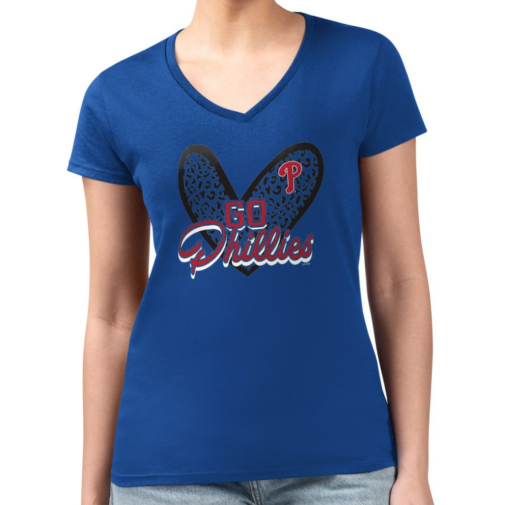 Philadelphia Phillies G-III 4Her by Carl Banks Women's Super-Slim Fit Lightweight Leopard Heart V-Neck T-Shirt - Royal - MLB Discount