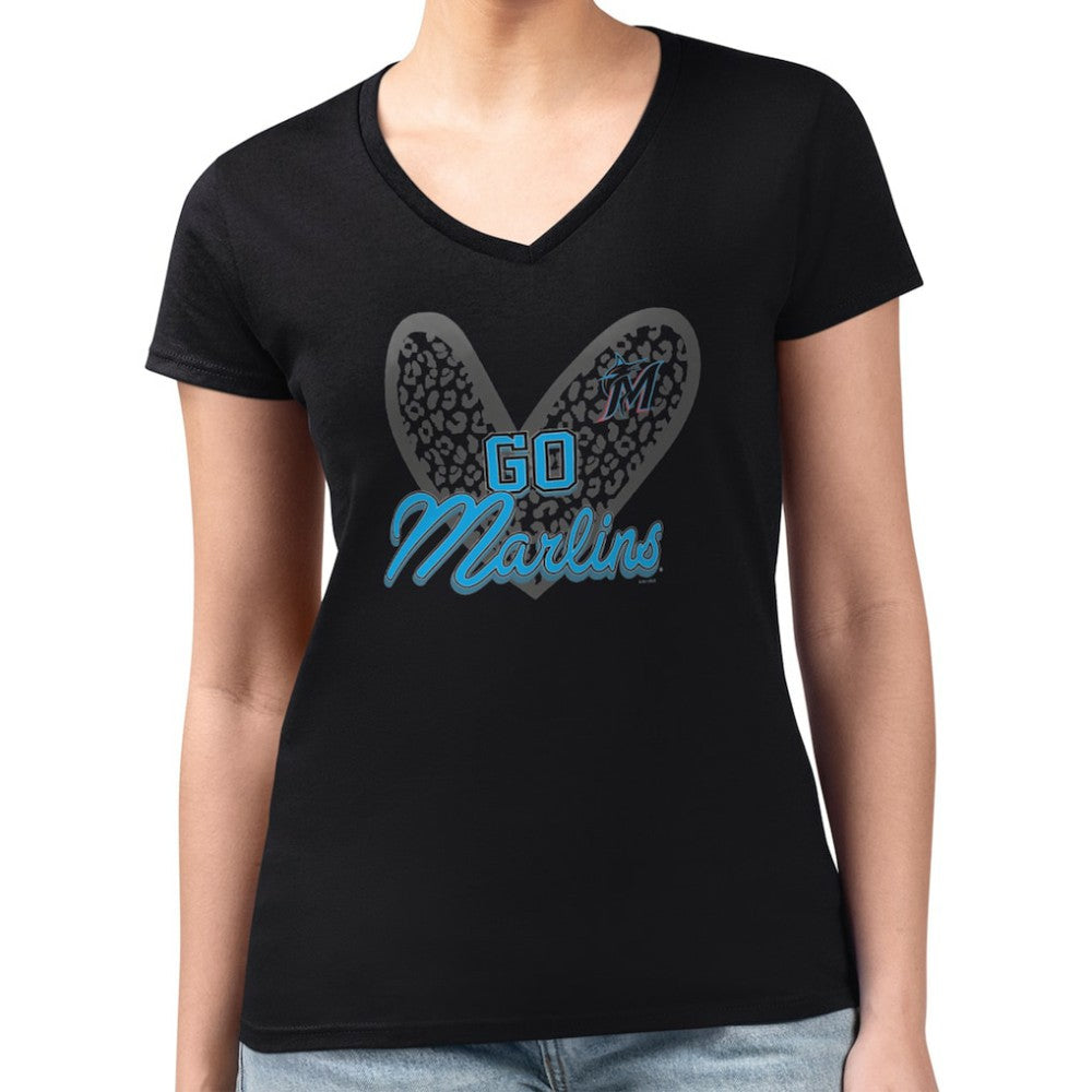 Miami Marlins G-III 4Her by Carl Banks Women's Super-Slim Fit Lightweight Leopard Heart V-Neck T-Shirt - Black - MLB Sale