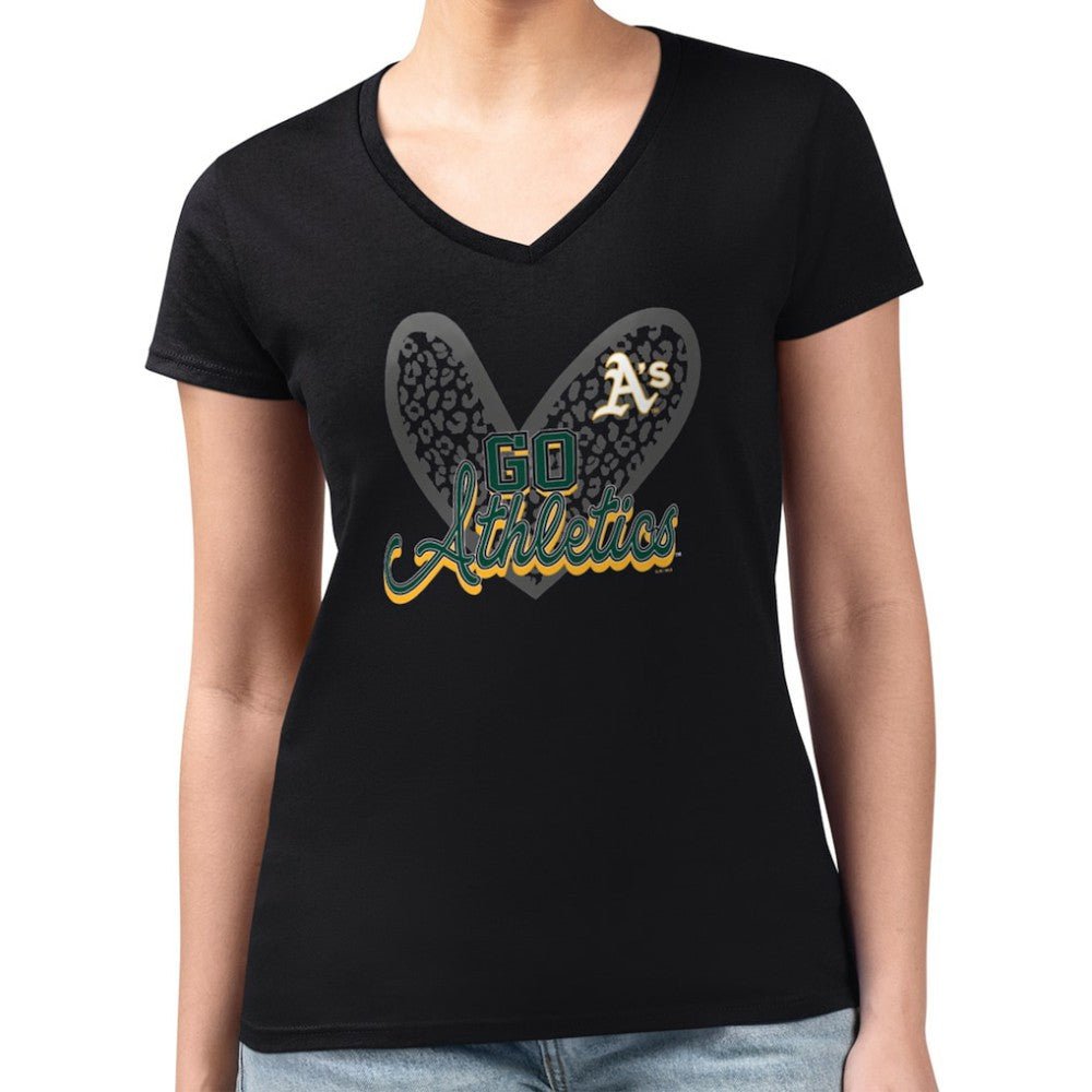 Athletics G-III 4Her by Carl Banks Women's Super-Slim Fit Lightweight Leopard Heart V-Neck T-Shirt - Black - MLB Sale