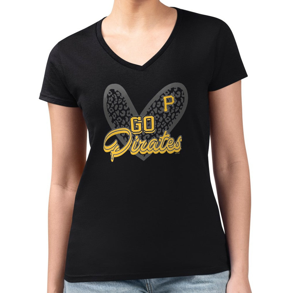 Pittsburgh Pirates G-III 4Her by Carl Banks Women's Super-Slim Fit Lightweight Leopard Heart V-Neck T-Shirt - Black - MLB Discount
