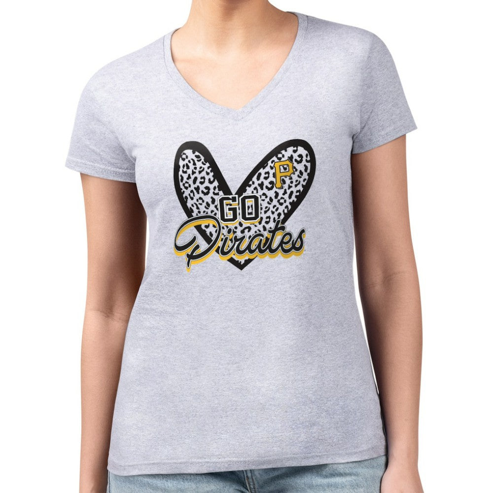 Pittsburgh Pirates G-III 4Her by Carl Banks Women's Super-Slim Fit Lightweight Leopard Heart V-Neck T-Shirt - Heather Gray - MLB Online