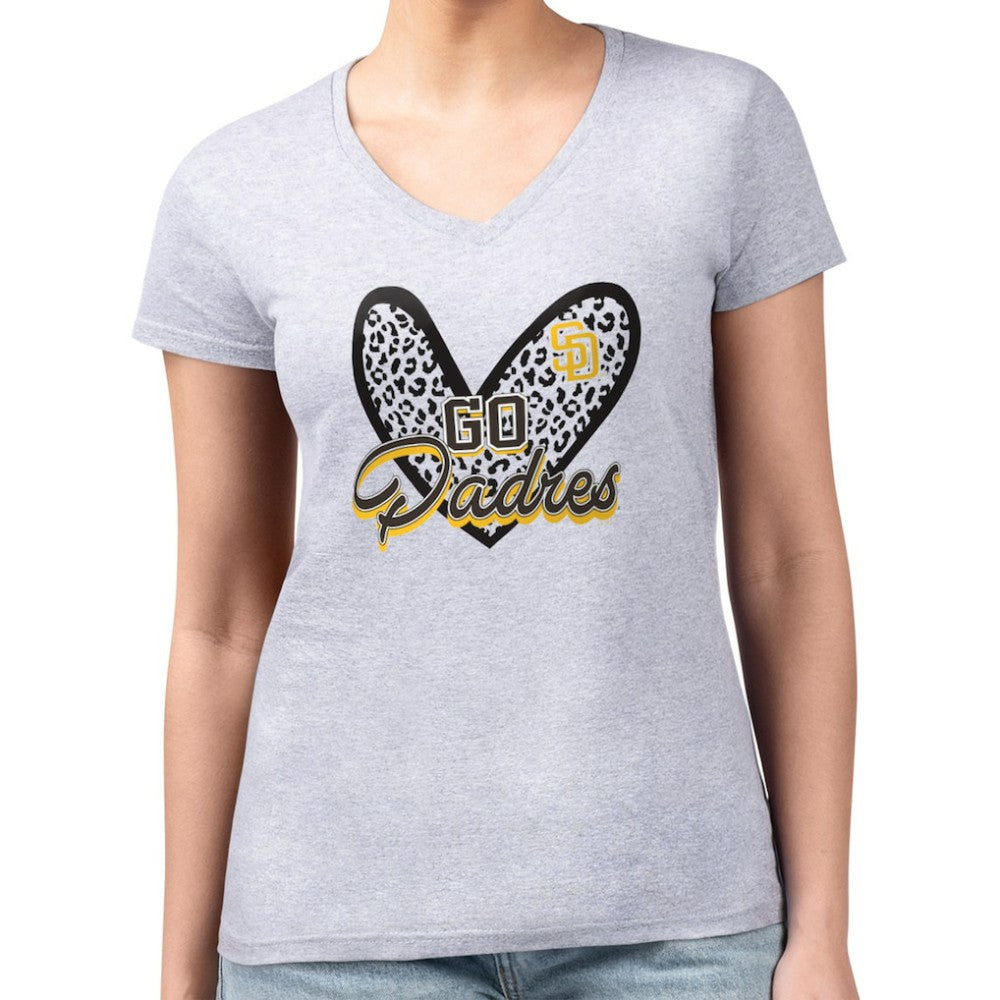 San Diego Padres G-III 4Her by Carl Banks Women's Super-Slim Fit Lightweight Leopard Heart V-Neck T-Shirt - Heather Gray - MLB on Sale