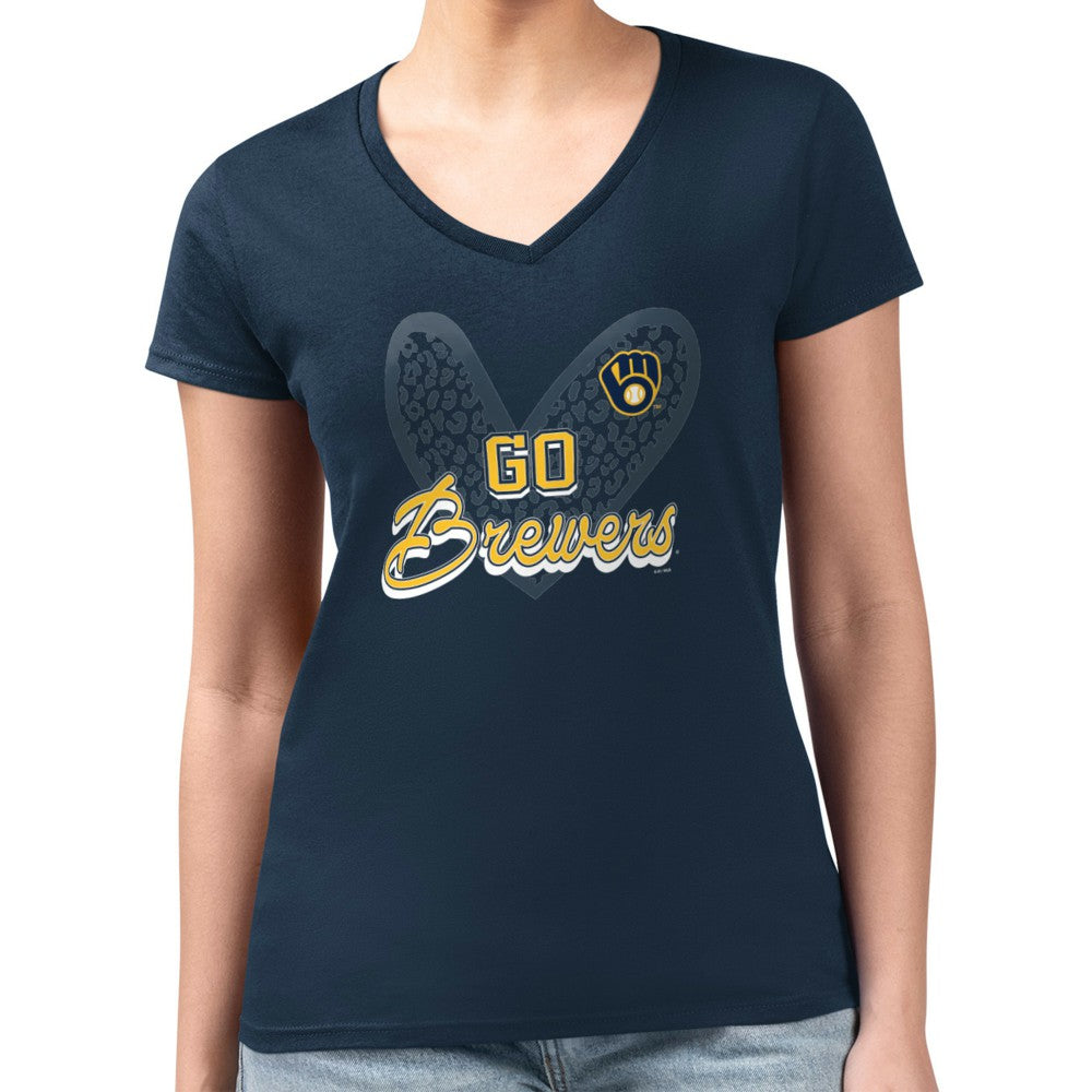 Milwaukee Brewers G-III 4Her by Carl Banks Women's Super-Slim Fit Lightweight Leopard Heart V-Neck T-Shirt - Navy - MLB Online