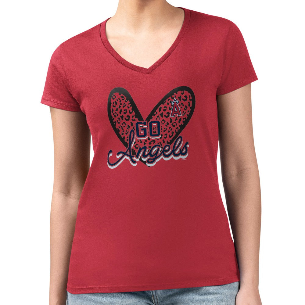 Los Angeles Angels G-III 4Her by Carl Banks Women's Super-Slim Fit Lightweight Leopard Heart V-Neck T-Shirt - Red - MLB Sale