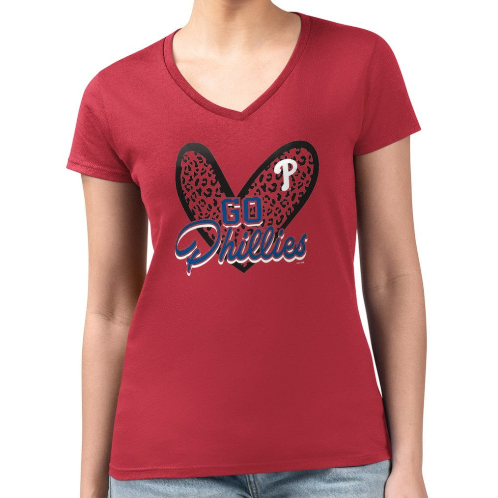 Philadelphia Phillies G-III 4Her by Carl Banks Women's Super-Slim Fit Lightweight Leopard Heart V-Neck T-Shirt - Red - MLB Online