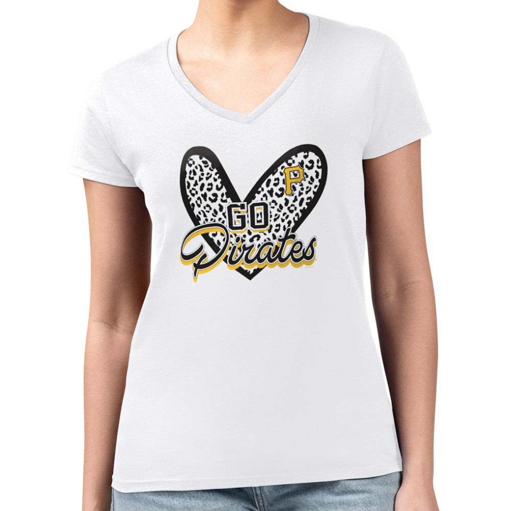 Pittsburgh Pirates G-III 4Her by Carl Banks Women's Super-Slim Fit Lightweight Leopard Heart V-Neck T-Shirt - White - MLB Sale