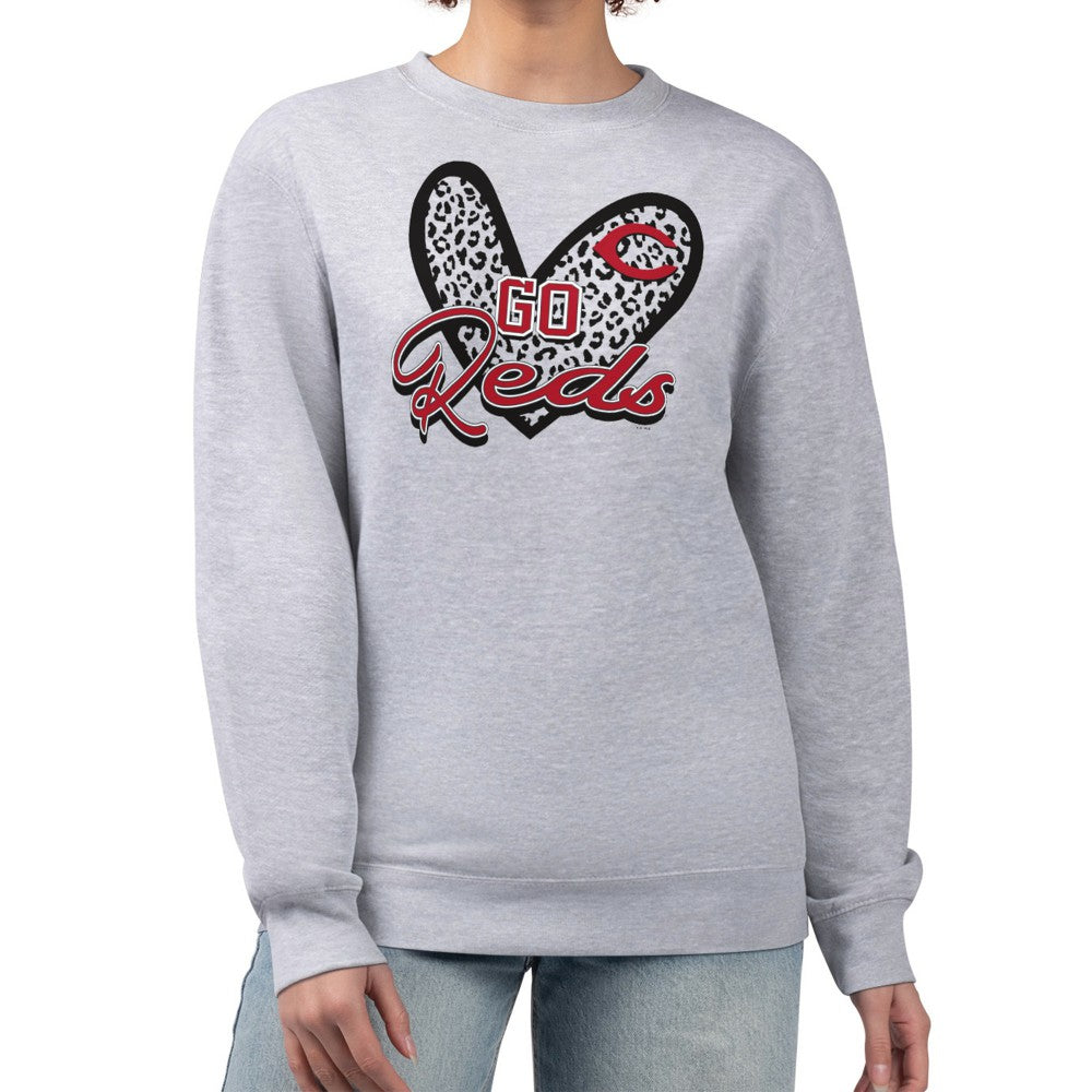 Cincinnati Reds G-III 4Her by Carl Banks Women's Leopard Heart Pullover Sweatshirt - Heather Gray - MLB Discount