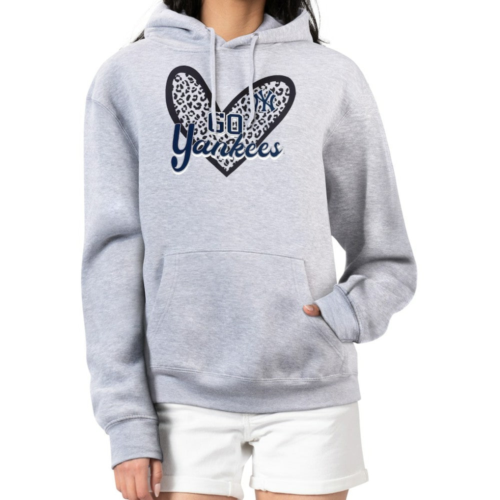 New York Yankees G-III 4Her by Carl Banks Women's Leopard Heart Pullover Hoodie - Heather Gray - MLB Lifestyle